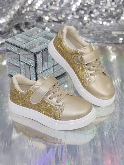Girls' Low-Top Sparkling Sequin Casual Sports Shoes, Children Sports Shoes, Students Spring Summer Flat Casual Shoes, Street Leisure Casual Shoes, For Little Kids & Big Kids, Everyday Wear