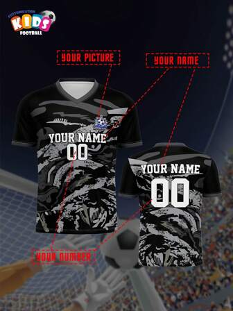 V-Ausschnitt Kinder Fußballtrikot, atmungsaktiv schnelltrocknend Frühling/Sommer Top unisex mit individuellem Namen & Nummer, bequem, atmungsaktiv, anliegend für Sport & Lässig Outdoor Running, Schwarz & Grau Kombination