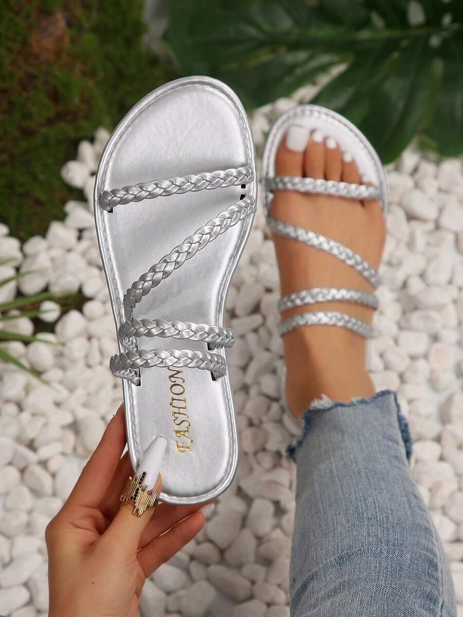 New Style Women Plus Size Comfy Simple Round Toe Woven 4-Strap Flat Sandals, Casual Fashion Open Toe Beach Slippers For Summer - Silver - View 1