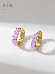 Hihho 1 Pair Fashionable & Delicate Minimalist Purple Drip Heart Hoop Earrings, Unique Jewelry Gift For Girls, Valentine's Day, Party - Yellow Gold - View 2