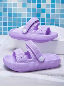 1 Pair Girls' Comfortable Lightweight Dual-Strap Design Convertible Sandals/Slides, Fashionable Casual Purple Foam Slides, Spring/Summer - Purple - View 6