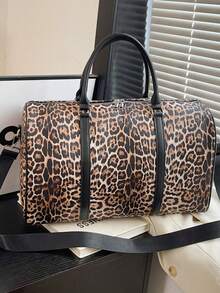 女士豹纹动物手提包单肩包，大容量旅行包，适合短途旅行、商务、旅游、行李箱套，轻便学生健身运动包，学校包，学校配件，学校用品 - 卡其色 - 查看 5