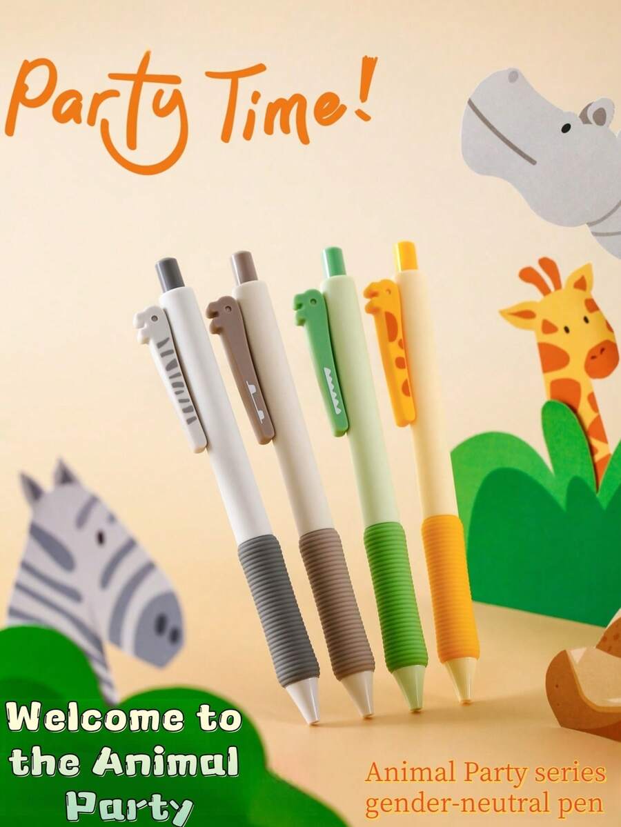 4 Pcs Neutral Animal Party Ballpoint Pens, Cute Animal Shaped Pens With 0.5mm Quick Dry Ink, Large Capacity, Soft Grip For Students & Office Use, Smooth Writing - Sets - View 1