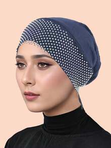 1pc Lace Trim Tie-Up Beanie, Minimalist & Versatile - Net Diamond Dark Blue - View 2
