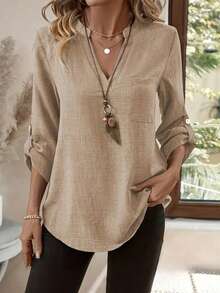 Blusa elegante y casual con bolsillo y cuello en V para mujer - Caqui - Ver 1