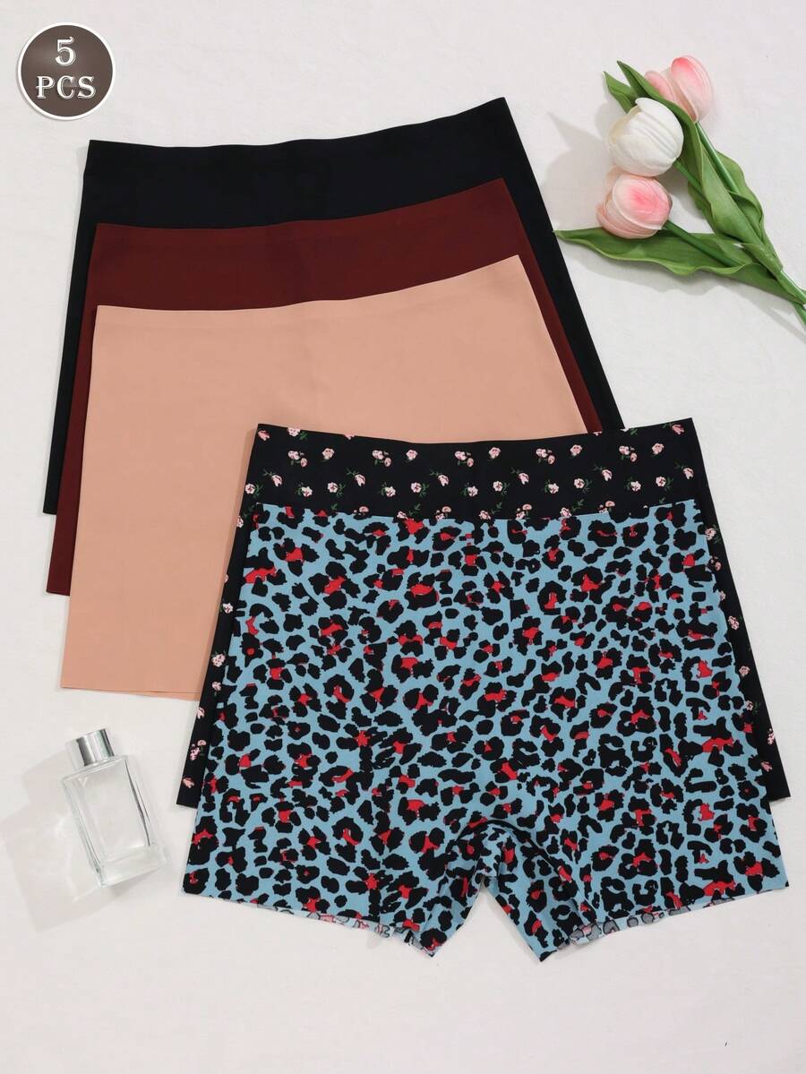 5pcs/Set Solid Color Casual & Comfortable Minimalist Knit Fabric Hipster Panties, All Season - Multicolor - View 1