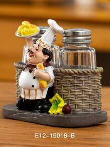 1pc Resin Chef Figurine With Salt & Pepper Shaker Holder, Creative Restaurant Kitchen Table Decoration