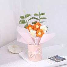 1 set de ramo de flores artificiales hechas a mano con balde de plástico, papel de envolver, flores de ganchillo, adecuado para regalos para mamá, amigos o regalos de aniversario, regalos del día de la madre, regalos del día de San Valentín, regalos de cumpleaños, decoración del hogar.