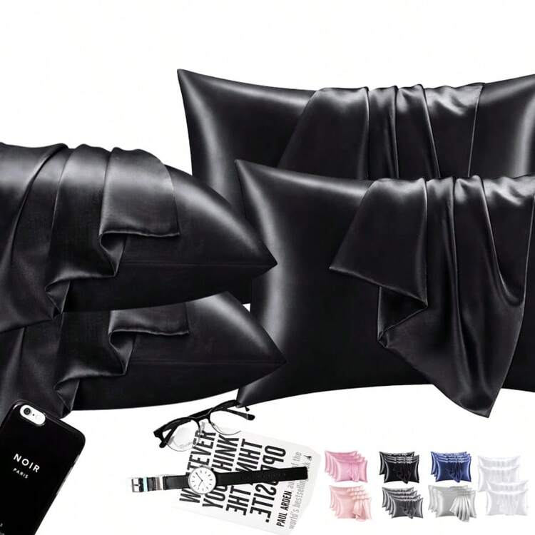 4 Pieces Of 100% Mulberry Silk Pillowcases, Silk Pillowcases, Suitable For Hair And Skin, Silk And Soft Bed Pillowcases, With Invisible Zipper, For Ladies And Men - 黑色 - 查看 5