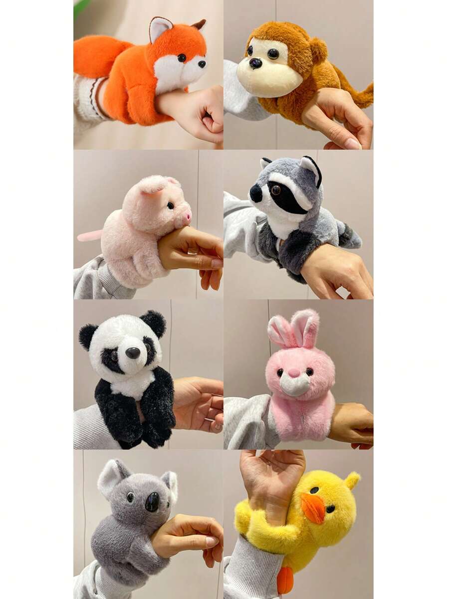可爱动物毛绒玩具套装，包含狐狸、考拉、熊猫、猪、鸭子、浣熊、猴子和兔子，配有拍手环，创意设计，可佩戴在手腕上，新颖的圣诞节和新年礼物，适合作为玩偶、圣诞礼物或趣味毛绒玩具。 - 彩色 - 查看 1