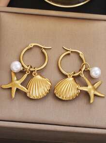 1pc Summer Shell Starfish Pearl Earrings Stainless Steel Ocean Style Gold Earrings Jewelry Women Beach Holiday Daily Wear