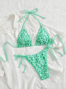 Conjunto de bikini sexy con tiras en el cuello con estampado de leopardo para playa y resort, verano 2025
