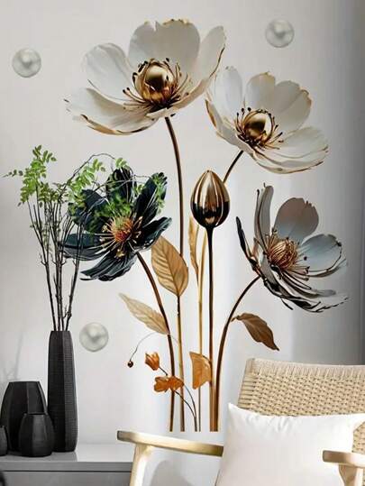 1pc Artificial Flowers Polianthes Textured 3D Floral Wall Art Decor Sticker, Removable & Self-Adhesive For Living Room, Bedroom, Office Decoration Home Bathroom Decor Bath Rug Floor Carpet Fall Decor Bathroom Accessories