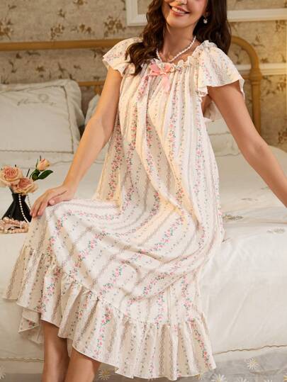 RS Pajama1 Ladies Stripe Floral Printed Ruffle Hem Bow Accent Sleep Dress