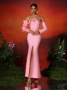 Love Aing Vestido de cóctel con espalda descubierta, manga larga, abertura lateral y aplicación floral 3D hecha a mano para mujer Love Aning, elegante para baile de graduación, gala, boda semi-formal, adecuado para cumpleaños, graduación, cena, regreso a casa, vestido de noche
