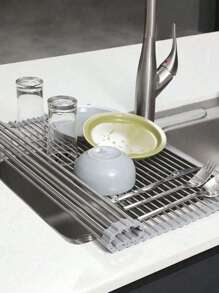1 pièce Égouttoir extensible en acier inoxydable à placer sur l'évier, couleur noire et grise avec des bras réglables. Organisateur de cuisine/salle de bain fonctionnel pour plats, ustensiles de cuisine, légumes et fruits. Cadeau de Nouvel An et de Noël