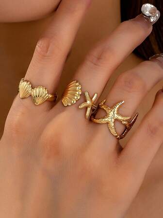 3pcs Fashion Beach Holiday Metallic Starfish, Seashell, Shell Women Rings Set