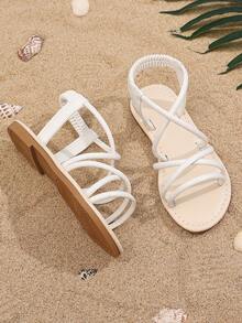 1 Pair Toddler Girls' Plus Size Beige Shiny PU Strap Elastic Back Closed Toe Flat Sandals, Suitable For 3-16 Years Old Students Daily Casual Vacation Wear, Spring/Summer New 2025, Run Small Half Size - White - View 5