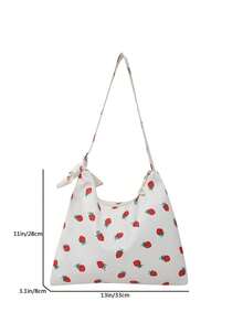 New Fashion Casual Large Capacity Strawberry Print Adjustable Strap Tote Shoulder Bag, Versatile Crossbody Soft Handbag For Women Daily Use - Beige - View 3