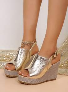 Sandales à talons hauts à plateforme avec motif de vague d'eau dorée, semelle compensée, bout ouvert