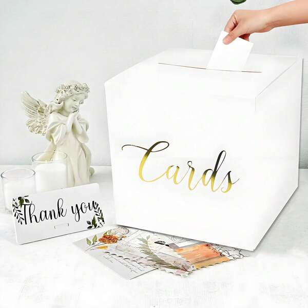 1pc White Card Box &10pcs Greeting Card,Wedding Voting Card Box ,Gatherings Party Reception Envelope Card Receiving Box For Wedding Birthday Party Decoration