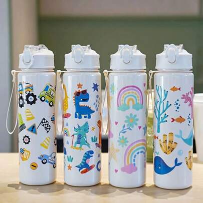 1 pièce Bouteille d'eau de sport thème dinosaure | Tasse en plastique légère et portable avec paille et sangle de transport | Conception de dessin animé multicolore | Idéal pour le camping, l'école et les voyages | Bouteille d'eau lavable en machine | Bouteille d'eau colorée | Bouteille lavable en machine