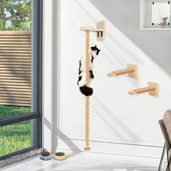 1 Peça Estrutura de Escalada para Gatos Montada na Parede com Corda de Sisal, de Parede para Gatos, Móvel de Parede para Gatos de Madeira, Ferramentas de Instalação Incluídas, Carga Máxima 12kg (26lbs)