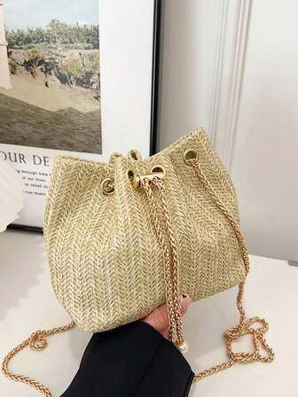 Women's Mini Straw Braided Golden Chain Drawstring Bucket Bag, Beach Bag