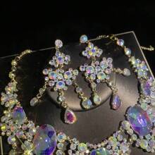 1 conjunto de joias femininas, colar e brincos, 3 peças, incrustado com strass, moderno e elegante, adequado para noivas, casamentos, banquetes e ocasiões formais