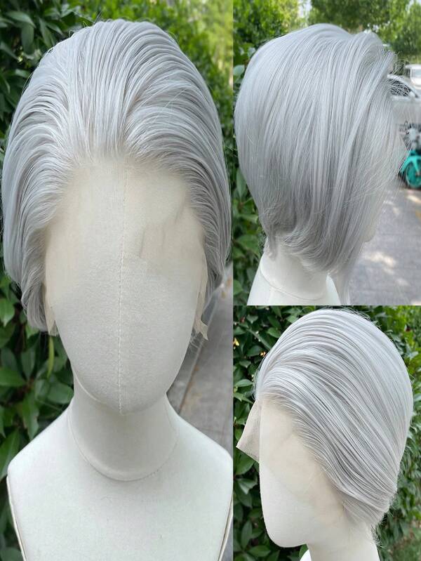 Short Gray & Black Bob Cut Synthetic Lace Front Wig For Women & Men Costume/Cosplay, Lightgray No Glue 13x4 Lace Front Wig