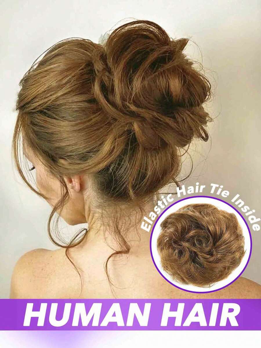 Human Hair Messy Bun Extension Tail 1PC Messy Hair Bun Hair Scrunchies Extension With Fringe Curly Wavy Chignon For Women Wedding Tousled Updo Hairpiece Light Brown - S27 - View 1