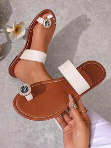 Korean Style Casual Flat Slippers For Women, Open Toe, Woven Roman Design, Spring/Summer, Suitable For Dresses, Outings, Beach, Apartment, Brown Color - White - View 2