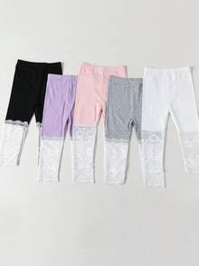 Conjunto de 4/3/2/1 Peças Leggings Capri com Renda para Meninas, Cor Sólida/Contraste, Leve, Meia-Calça Casual 3/4, Fofo & Moderno, Estilo Princesa, Adequado para Uso Diário, Meia-Calça Macia & Confortável, Adequado para Estudantes Combinarem com Tops, Saias, Temporada de Volta às Aulas - Multicolorido - Visão 1
