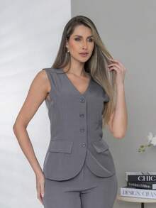 Plain Elegant Vest And Dress Pants Set C3302 - 灰色 - 查看 8
