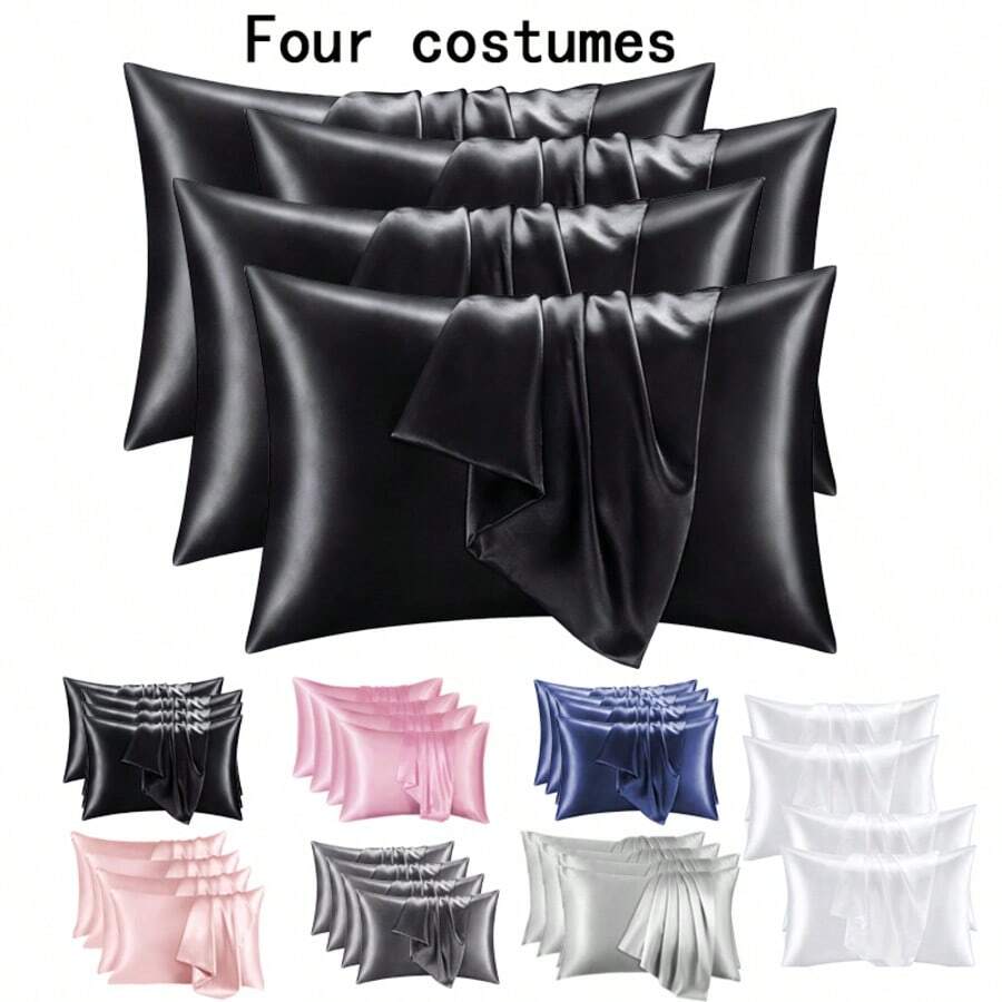 4 Pieces Of 100% Mulberry Silk Pillowcases, Silk Pillowcases, Suitable For Hair And Skin, Silk And Soft Bed Pillowcases, With Invisible Zipper, For Ladies And Men - 黑色 - 查看 1