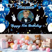 1pc Customized Photo, Name, Age Birthday Party Banner, Polyester Material, Happy Party Pattern Photo Backdrop, Personalized Happy Birthday Banner, Suitable For Cake Table, Home, Outdoor Yard Decoration Supplies