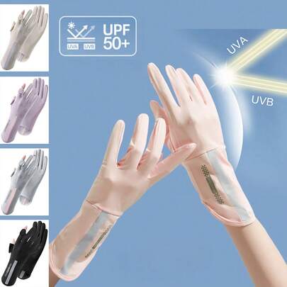1pc Spring/Summer Lightweight Sun Protection Gloves, Anti-UV Fingerless Touch Screen Driving Cycling Outdoor Breathable Middle Long Gloves, Icy Cool & Thin