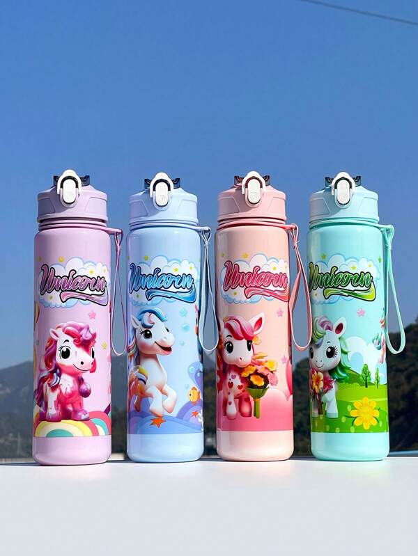 Cute Unicorn Cartoon Style Water Bottle With Straw, Portable Design, Great Gift For Kids, Outdoor/School Use, Summer Cup
