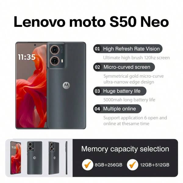 Lenovo Teléfono Lenovo Moto S50 Neo 5G de versión global, teléfono inteligente 5G de 120 Hz con pantalla de 6,7 pulgadas, cámara de 50 megapíxeles, batería de 5000 mAh y almacenamiento de 256 GB/512 GB, con sistema operativo Android