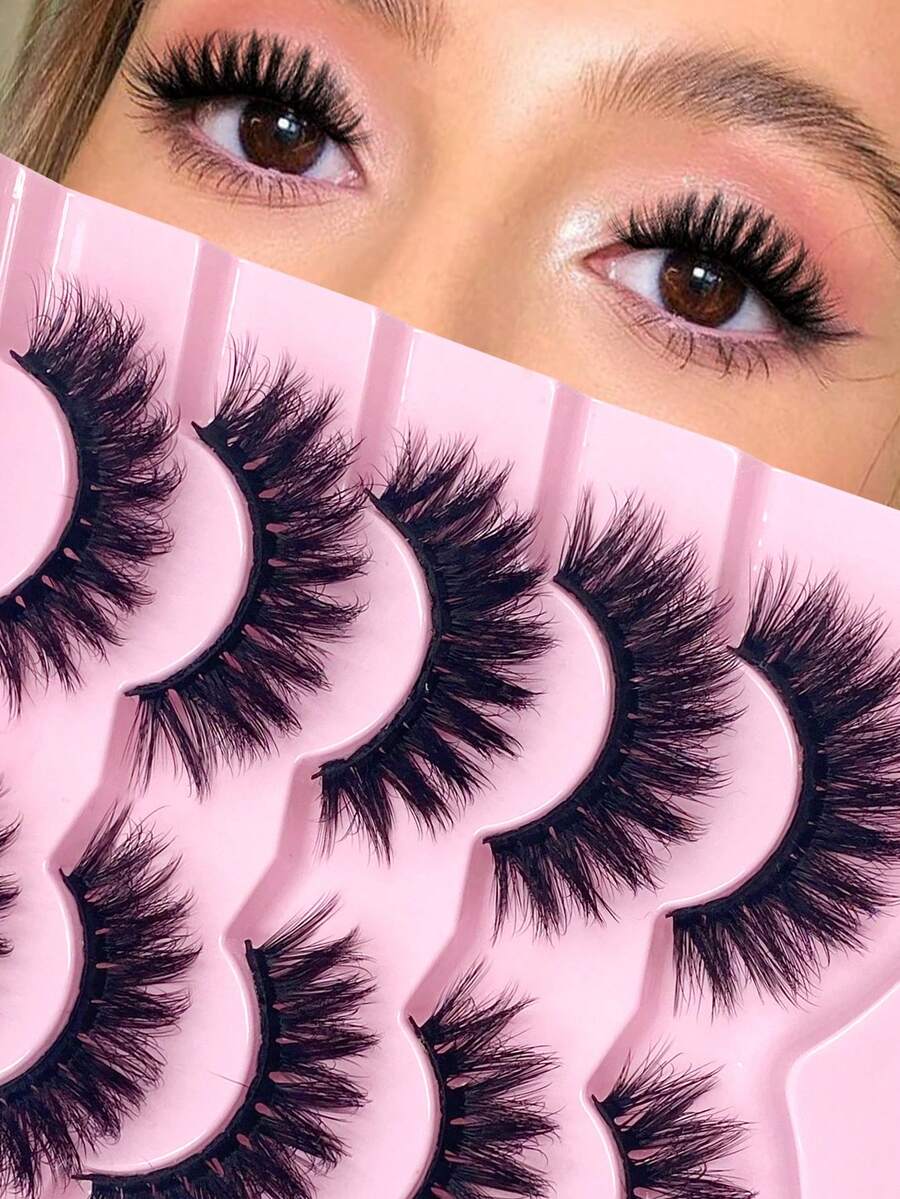 5对Enchuw蓬松浓密假睫毛，可重复使用的仿貂毛假睫毛，化妆假睫毛 - 黑色 - 查看 1