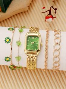 5pcs/Set New Elegant Minimalist Roman Numeral Rectangular Octagon Green Dial Ladies Watch With Floral Bracelet Set, Mother's Day Gift