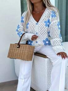 Plus Size Women Floral Hollow-Out Knit Cardigan, Cute And Simple Design, , Long Sleeve, European & American Style
