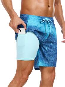 Nouveau style 2 en 1 Shorts de sport bleus pour hommes, Maillots de bain 5 pouces à séchage rapide, Shorts de plage avec doublure de compression, Maillots de bain pour hommes, Shorts de bain VG552-2
