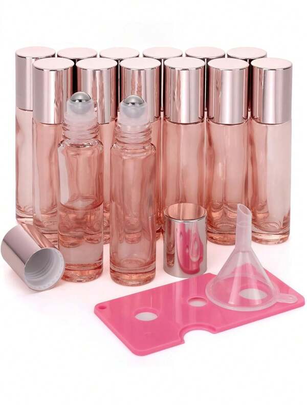 10PCS/ 5PCS/1PC/10ml Rose Gold Glass Roller Bottle Essential Oil - Travel - Refillable Perfume Bottle With Stainless Steel Roller Ball, Clear Cosmetics Essential Oil Perfume Bottle, Refillable Use, Travel Accessories