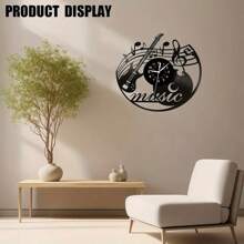 1 pièce Horloge murale de disque vinyle de guitare de musique, silencieuse, noire, avec des notes d'instrument de musique faites à la main. Cadeau exclusif pour les amateurs de musique pour la décoration du salon, de la chambre ou du bureau.
