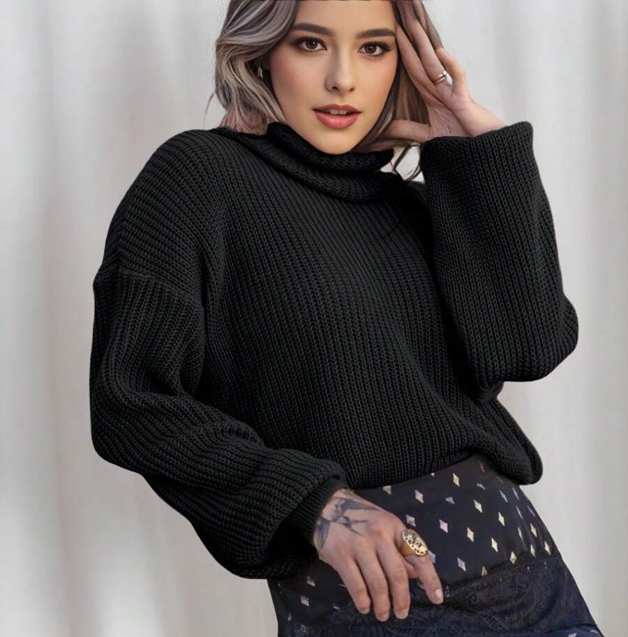 Women's Cold Weather Blouse Turtleneck Knitted Sweater - Hitam - View 1