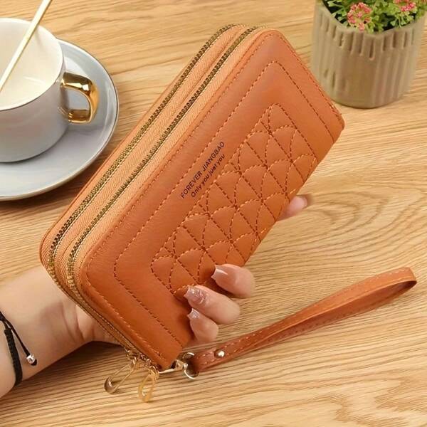 Cartera de mujer de moda de gran capacidad con 2 diseños de cremallera, embrague de cremallera doble - gran capacidad, correa de muñeca, negro/blanco/rosa, diseño Forever Amarillo, cartera diaria de mujer | Textura acolchada | Herrajes dorados para cartera de mujer, mini cartera, monedero, cartera de muñeca