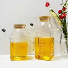 1pc Glass Oil Bottle, Large Capacity Kitchen Oil Vinegar Container With Spout, Leakproof, Measurement Scale