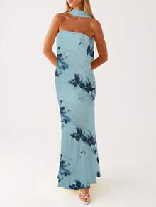 Womens Floral Strapless Dress Y2k Backless Sleeveless Tube Maxi Long Dresses Sexy Mesh Bodycon Summer Beachwear - 藍色 - 查看 2