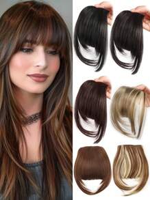 Clip de flequillo, clip francés de pelo sintético natural grueso y peluca completa con flequillo recto y patillas para mujeres y niñas, accesorio de pelo rubio de 6 pulgadas